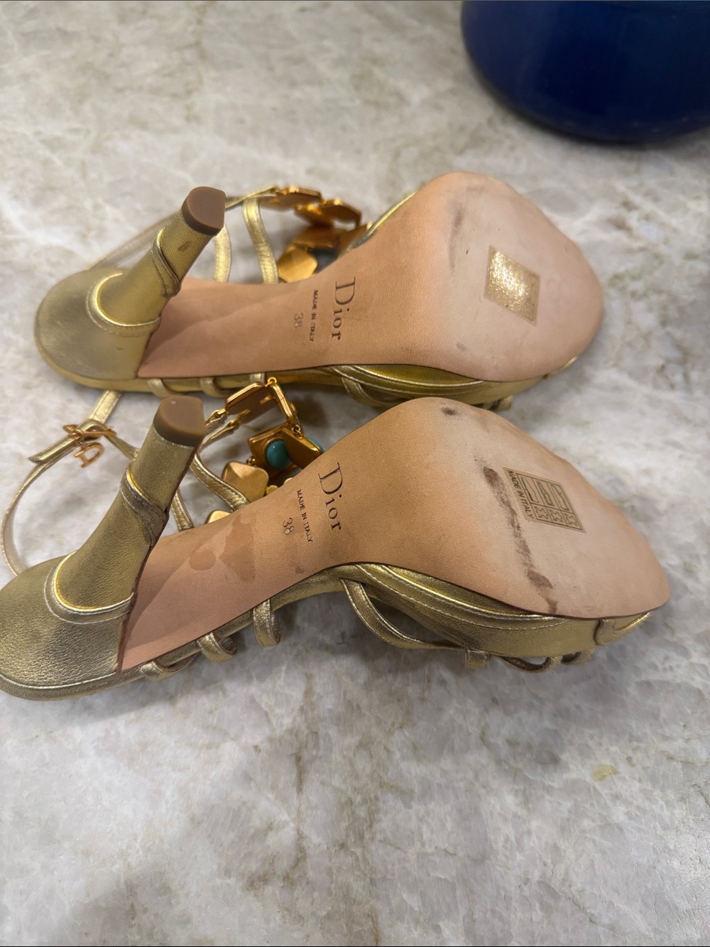 Dior Gold Strappy Heels with Turquoise Stone Accents - Picture 5 of 11